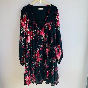 Altar'd State Dress Pink Black Dark Floral Long Sleeve Boho Cottage Flowy Medium
